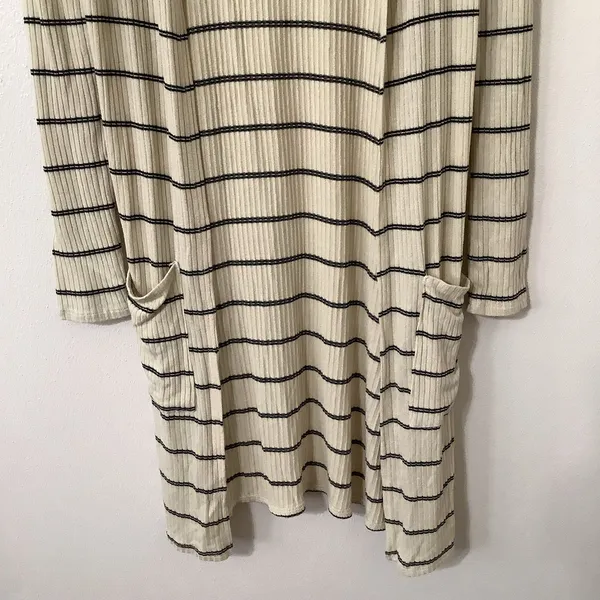 Daytrip Minimalist Chic Cozycore Slouchy‎ Striped Cream Long Open Cardigan Small - Image 3