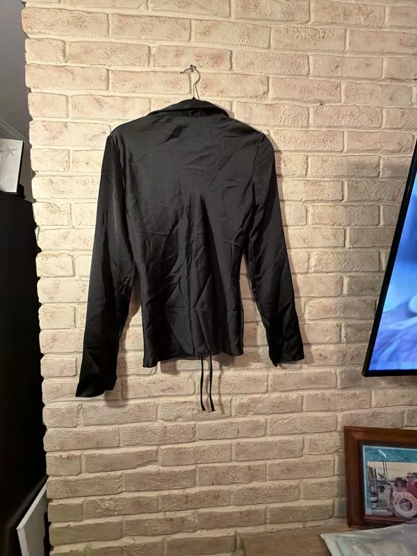 Zara Black Satin Tie Front Long Sleeve Blouse Size S - Image 3