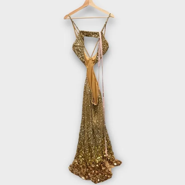 NWT Mac Duggal 6077 Gold Thin Strap Cut Out Gown With Ombre Sequins Size 8 - Image 8