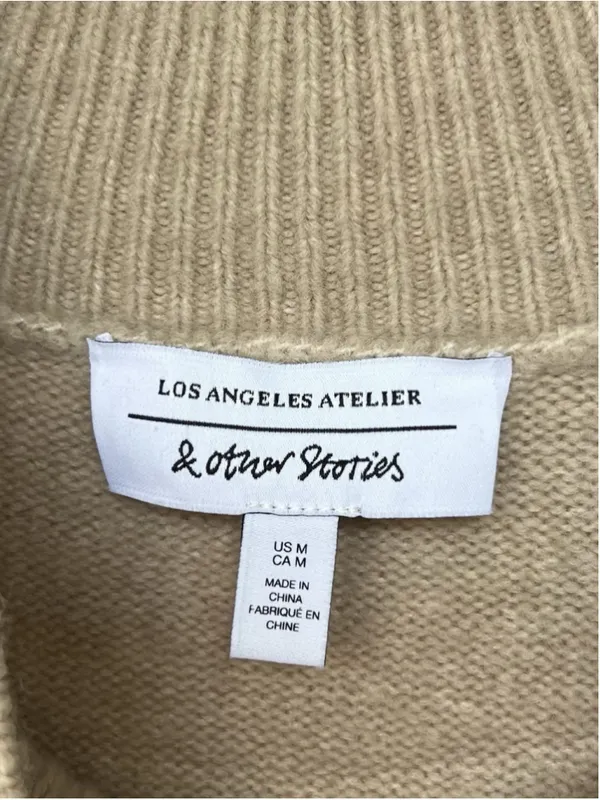 & Other Stories Beige Knit Sweater Dress M Belted Mock Neck Thick Oversized Prep - Image 10