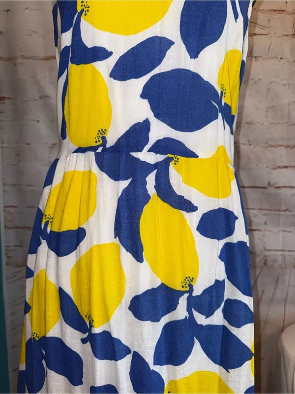 LOFT 10 Lemon Midi Dress Yellow Blue back zipper keyhole ruffles linen blend - Image 7