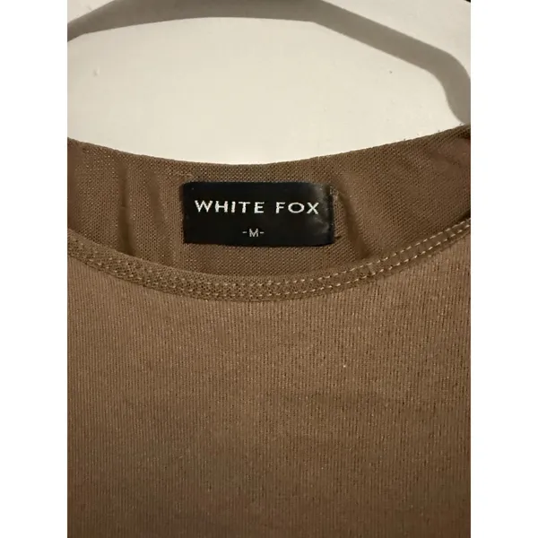 White Fox Ribbed High Neck Long Sleeve Bodysuit‎ in Tan Size Medium - Image 3