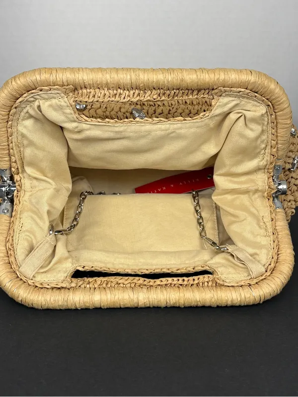 Kelly & Katie Straw Clutch Bag in Natural with crystal embellishments - Image 8