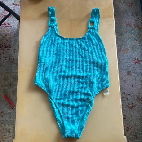 NWT XL Aerie Shimmery Crinkle Birthday Scoop Cheekiest One Piece Swimsuit Blue - Image 3
