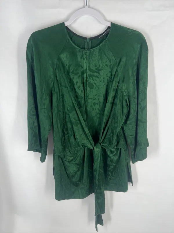 Zara Woman Knotted Jacquard Blouse Bottle Green Tie Front Size M - Image 2