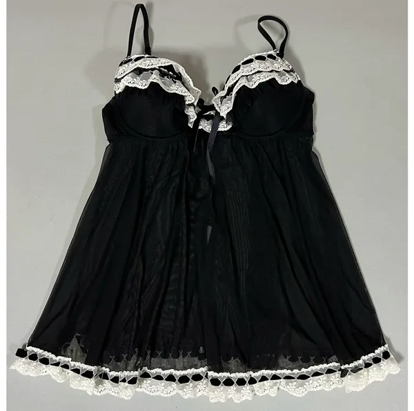 Jezebel Black White Ruffle Lace Sheer Babydoll Nightie Lingerie Nightgown Dress Size S 🖤 - Image 2