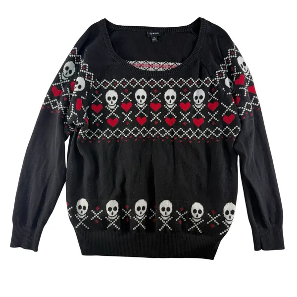Torrid Plus 2 2X Sweater Skulls Heart Scoop Neck Whimsigoth Grunge Punk Emo Knit - Image 2