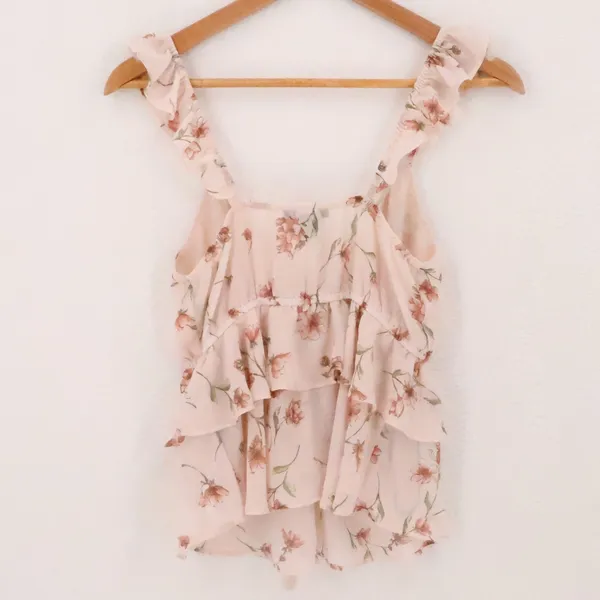 Floral Ruffle Milkmaid‎ Babydoll Top Womens Size S Pink Coquette Fiary Chiffon - Image 6