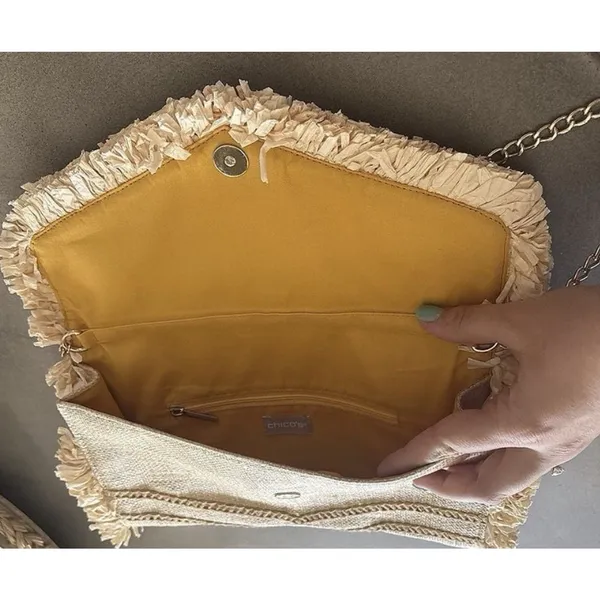 Chico's Embellished Floral Straw Envelope Clutch Purse Crossbody Chain Strap - Image 5