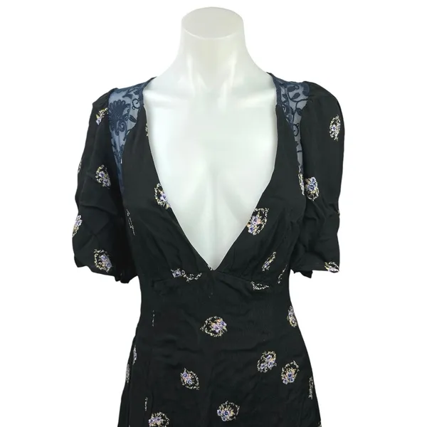 Free People Mockingbird Black Floral Deep V-Neck Open-Back Lace Mini Dress Sz 2 - Image 8