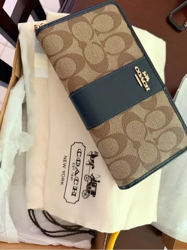 Coach Brown Signature Zip-Around Wallet with Black Leather Trim - Image 14
