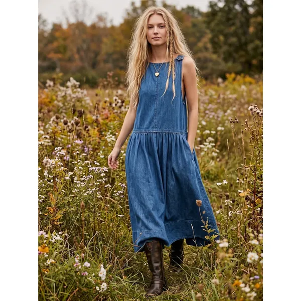 Free People XL Retro 90s Soraya Light Denim Sky Drop Waist Midi Jumper Dress - Image 3