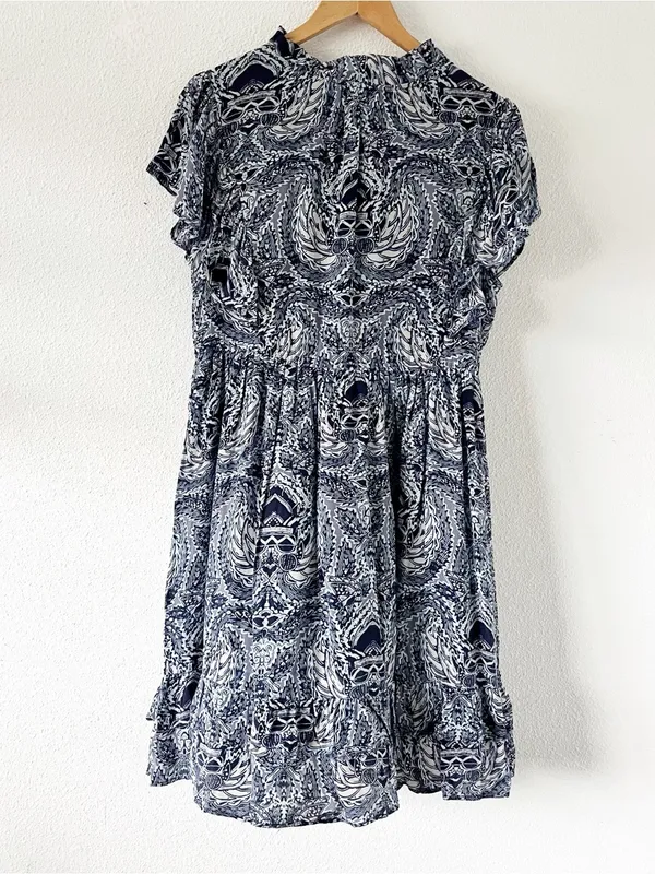 Sundance Paisley Ruffle Boho Viscose Pocketed Blue Print V-Neck Mini Dress - Image 8
