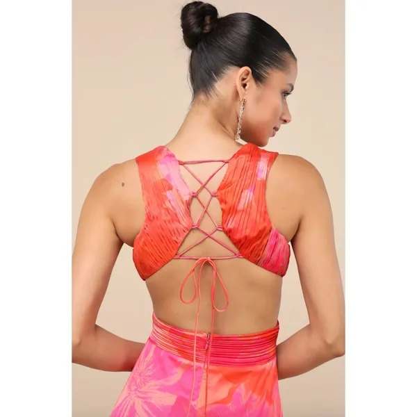 Lulus Dedra Pink and Orange Abstract Pleated Maxi Dress Formal Satin Large NWT - Image 3