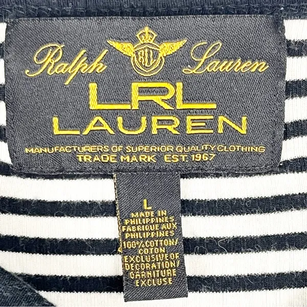 LAUREN RALPH LAUREN Black White Striped Long V-Neck Button Accent Top Large - Image 3