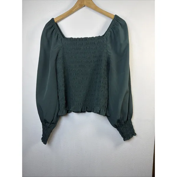 MADEWELL Womens large Lucie Bubble Sleeve Smocked Top Dark Green bohemian y2k - Image 3