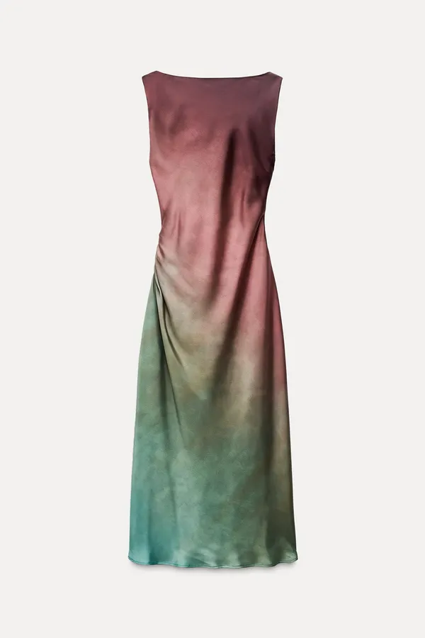 Zara dress midi satin tie dye fitted bodycon casual evening wedding cowl neck - Image 9