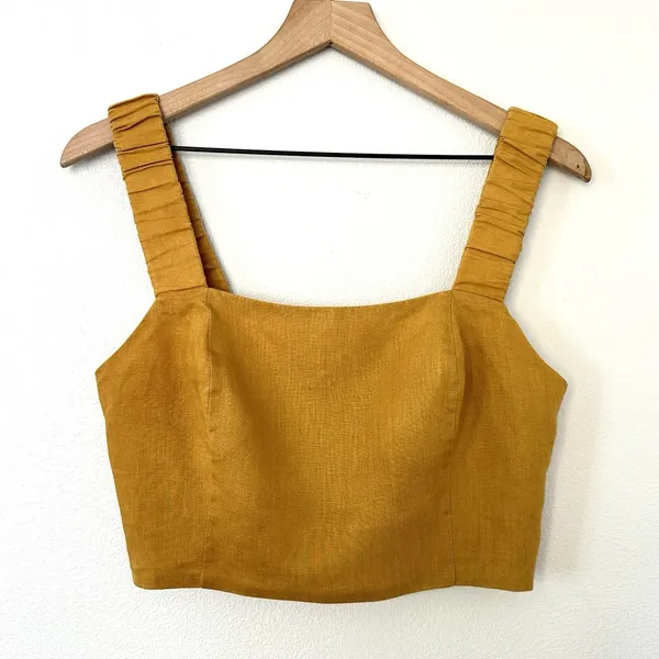 Lulus 100% Linen “Caught in Cannes" Mustard Cutout Cropped Tank Top Sz M Indie - Image 5