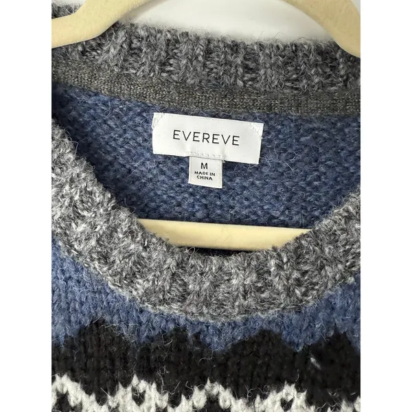 Evereve Fair Isle Fuzzy Knit Sweater Blue Gray Black Nordic Cozy Winter M - Image 4