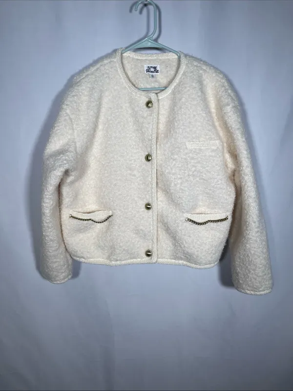 Future Collective Womens Teddy Lady Chain Jacket Large White/Cream Gold - Image 2