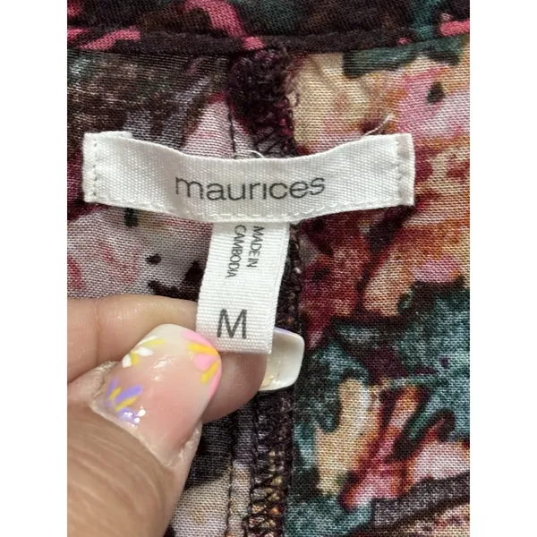 Maurices Burgundy/Green Floral Long‎ Sleeve Smocked V Neck Ruffle Blouse Size M - Image 3