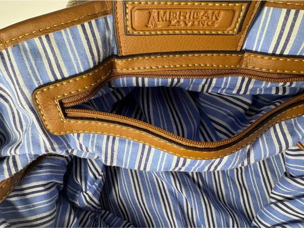 American Living Navy Blue Tote Bag Tan Trim - Image 5