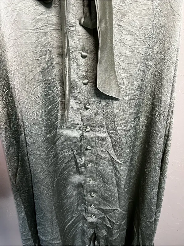 Petal & Pup Piper Sage Green Shiny Tie Front Button Front Midi Dress - Image 5