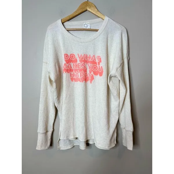 Aerie Do What Makes You Happy‎ Waffle Knit Thermal Top Oversized Medium Ivory - Image 2