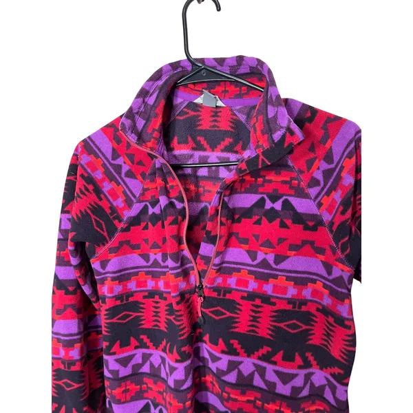Eddie Bauer Womens Medium Fleece‎ 1/4 Zip Pullover Aztec Geometric Red Purple - Image 4