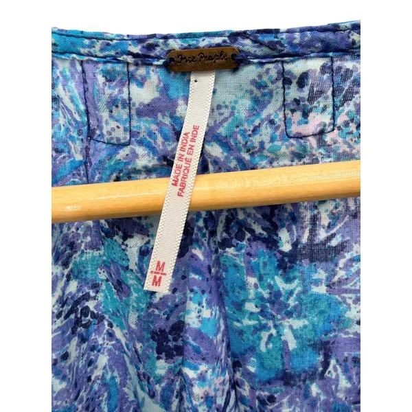 Free People Ruffle Cotton Wrap Top M Blue Floral Paisley Balloon Sleeve Festival - Image 3