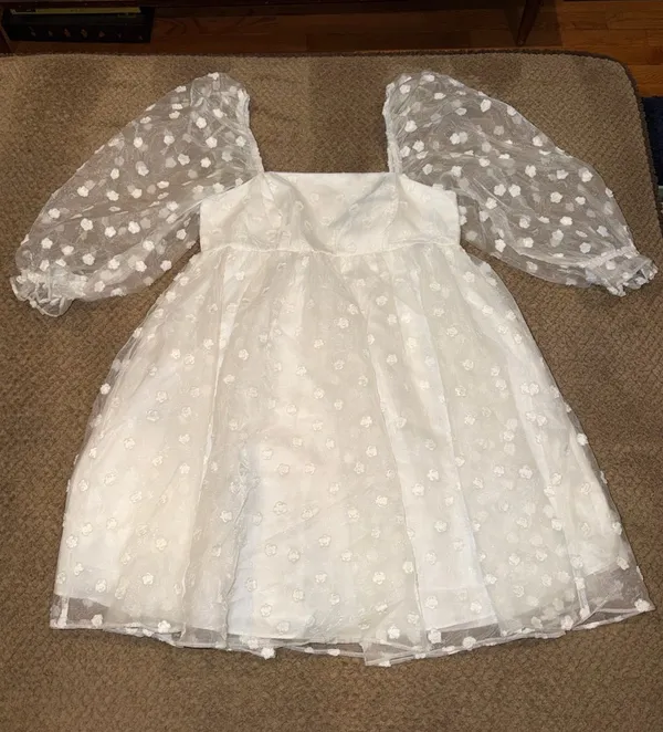Lulu's White Puff Sleeve with Organza Floral Babydoll Mini Dress - Image 3