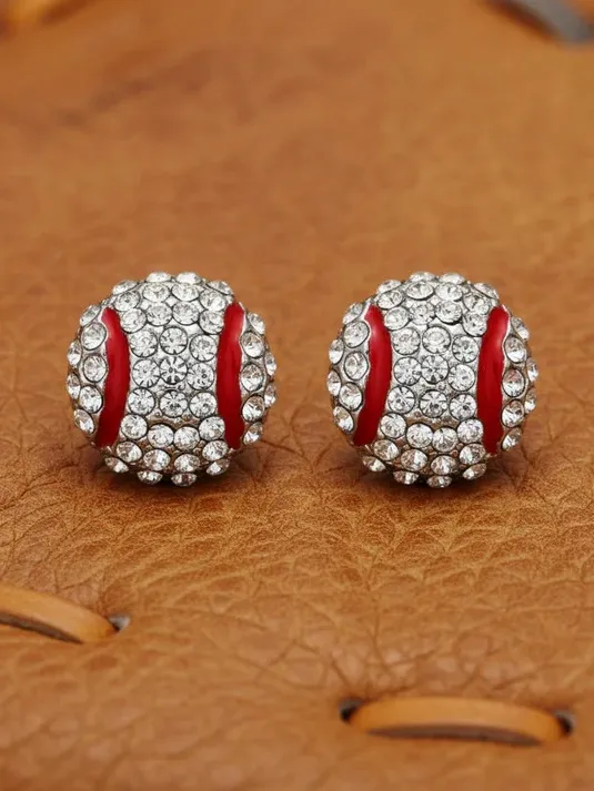 Rhinestone Baseball Stud Earrings in Red & White - Image 3