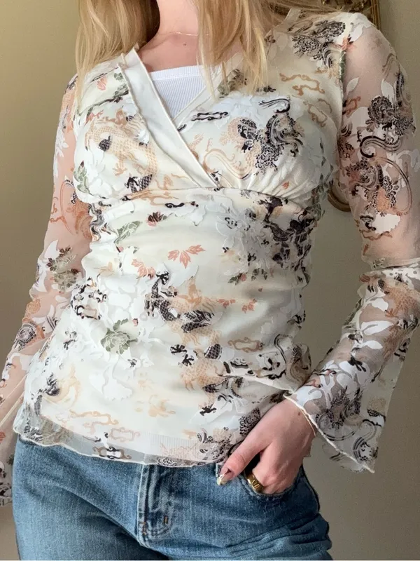 Wrapper Y2K White V-Neck Sheer Top - Image 7