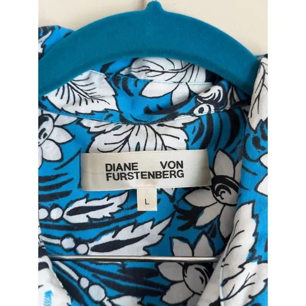 Diane von Furstenberg Queena Blue Floral Midi Shirt Dress Poplin Luxe L - Image 8