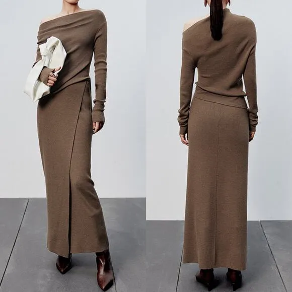 Commense NEW Caramel Slit Maxi Knit Set Skirt and Top Size M Ribbed Asymmetrical - Image 2