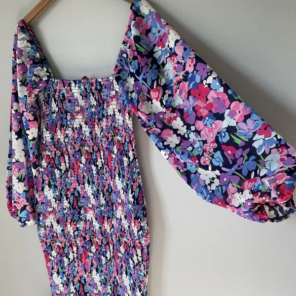 Pink Lily Boutique Floral Print Midi Dress Ruched Bubble Sleeves Size Medium - Image 6