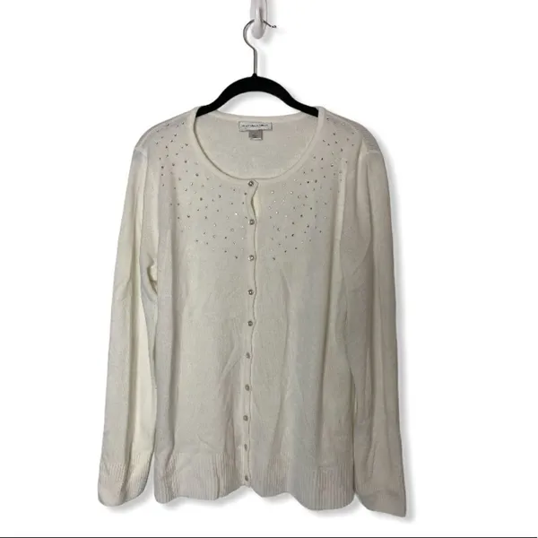 Christopher & Banks Off-White Button-Front Cardigan Sweater | Rhinestone Detail - Image 2
