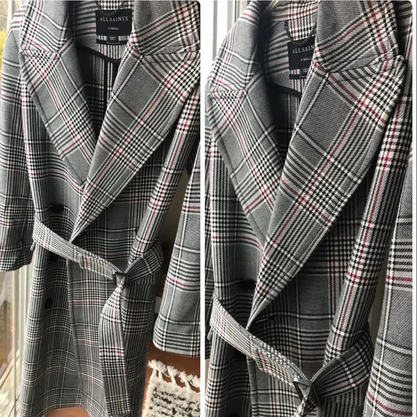 All Saints Tyla Check Plaid Wool Blend Belted Long Trench Coat - Image 14