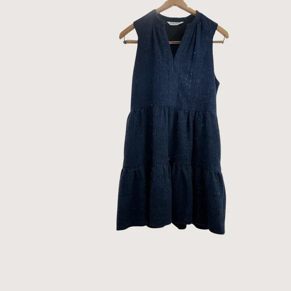 Amanda Uprichard Navy Blue Metallic Tweed Tiered Mini Dress‎ XS Split V-Neck - Image 10
