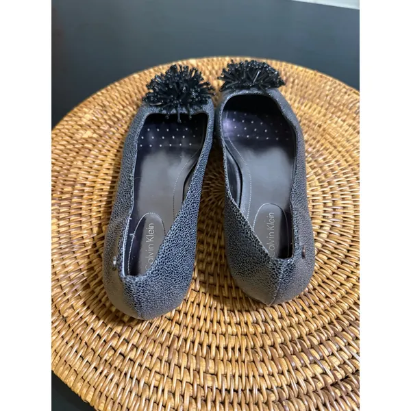 Calvin Klein Metallic Gunmetal Pebbled Ballet Flats Beaded Pom Pom Size 7.5 - Image 3