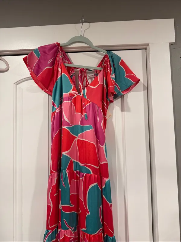 Pink Martini Coral, Pink & Teal Floral Tiered Maxi Dress medium‎ nwt - Image 3