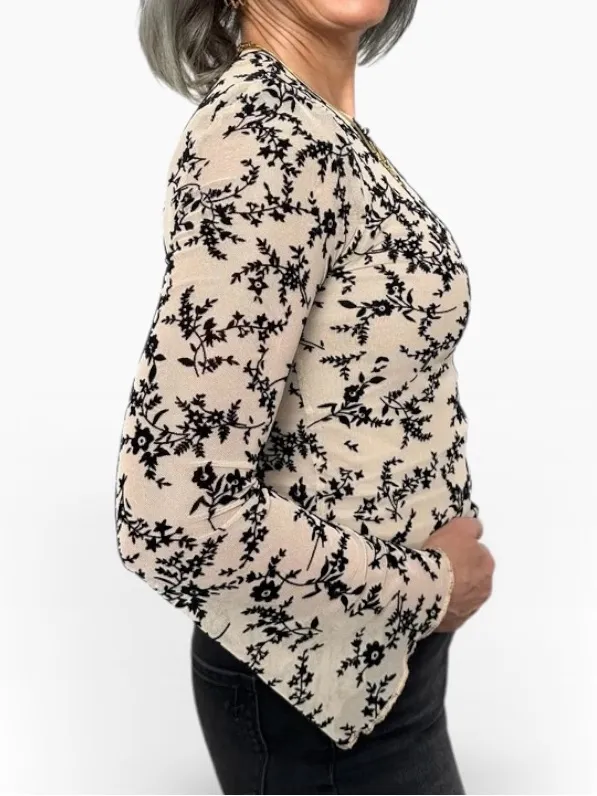 Ava Lane Beige and Black boho chic floral mesh layering top size Large - Image 14