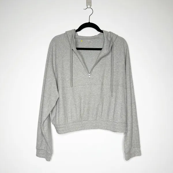 NEW Zella Half Zip Ribbed Hoodie Women's Elastic Waist Light Gray Size Large - Image 3