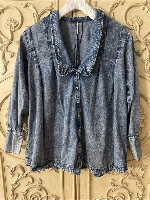 Free People Ruffle Collar Denim Swing Blouse - Lightest Indigo Blue SZ Amall - Image 6