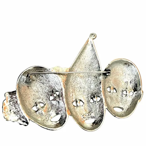 Vintage Silver Tone Triple Clown Theater Mask Enamel Brooch - Image 7