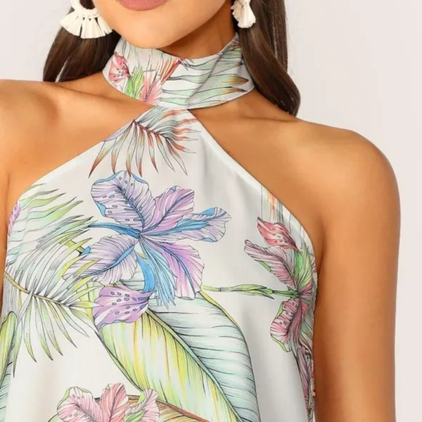 New- Medium off-white floral crêpe high neck halter top - Image 3