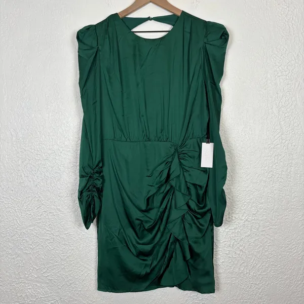 ASTR The Label Green Ruched Satin Long Sleeve Mini Dress Size XL NWT - Image 3