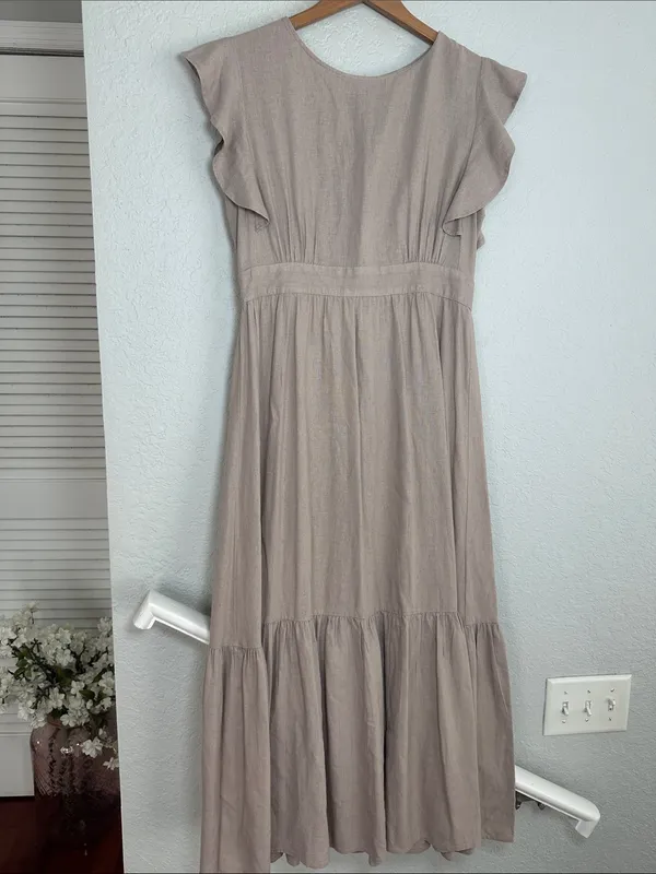 Cynthia Rowley Dusty Mauve Flutter Sleeve Maxi Dress Linen Prairie Demure Medium - Image 2