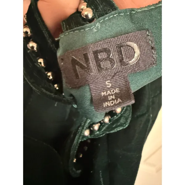 NBD Dark Green Velvet Studded Halter Mini Dress Open Back Scalloped Hem Small - Image 5