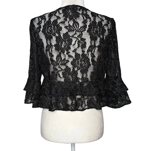 LRL Ralph Lauren Small Lace Overlay Cardigan Bell Sleeve Open Sheer Black Ruffle - Image 6